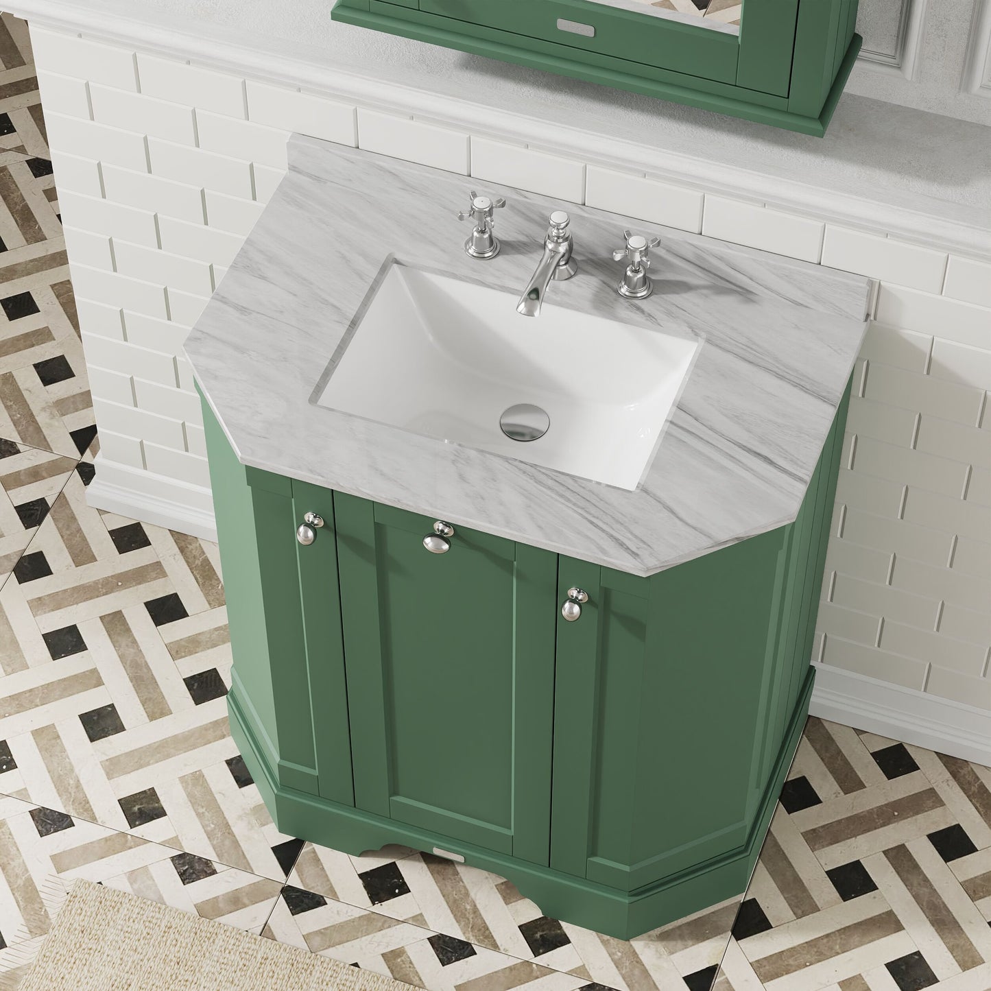 Hudson Reed Old London 786mm Hunter Green 3 Door Vanity Unit with 3 Tap Hole Grey Marble Top Basin