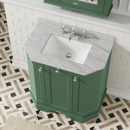 Hudson Reed Old London 786mm Hunter Green 3 Door Vanity Unit with 3 Tap Hole Grey Marble Top Basin