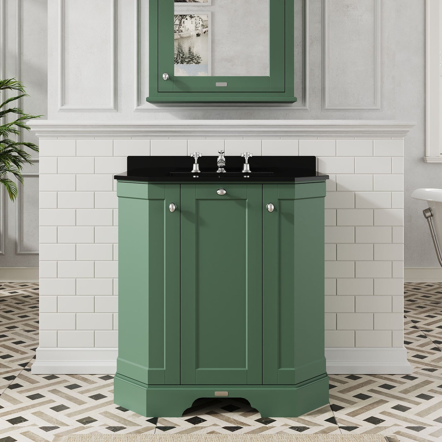 Hudson Reed Old London 786mm Hunter Green Floor Standing 3 Door Vanity Unit With 3 Tap Hole Black Marble Top