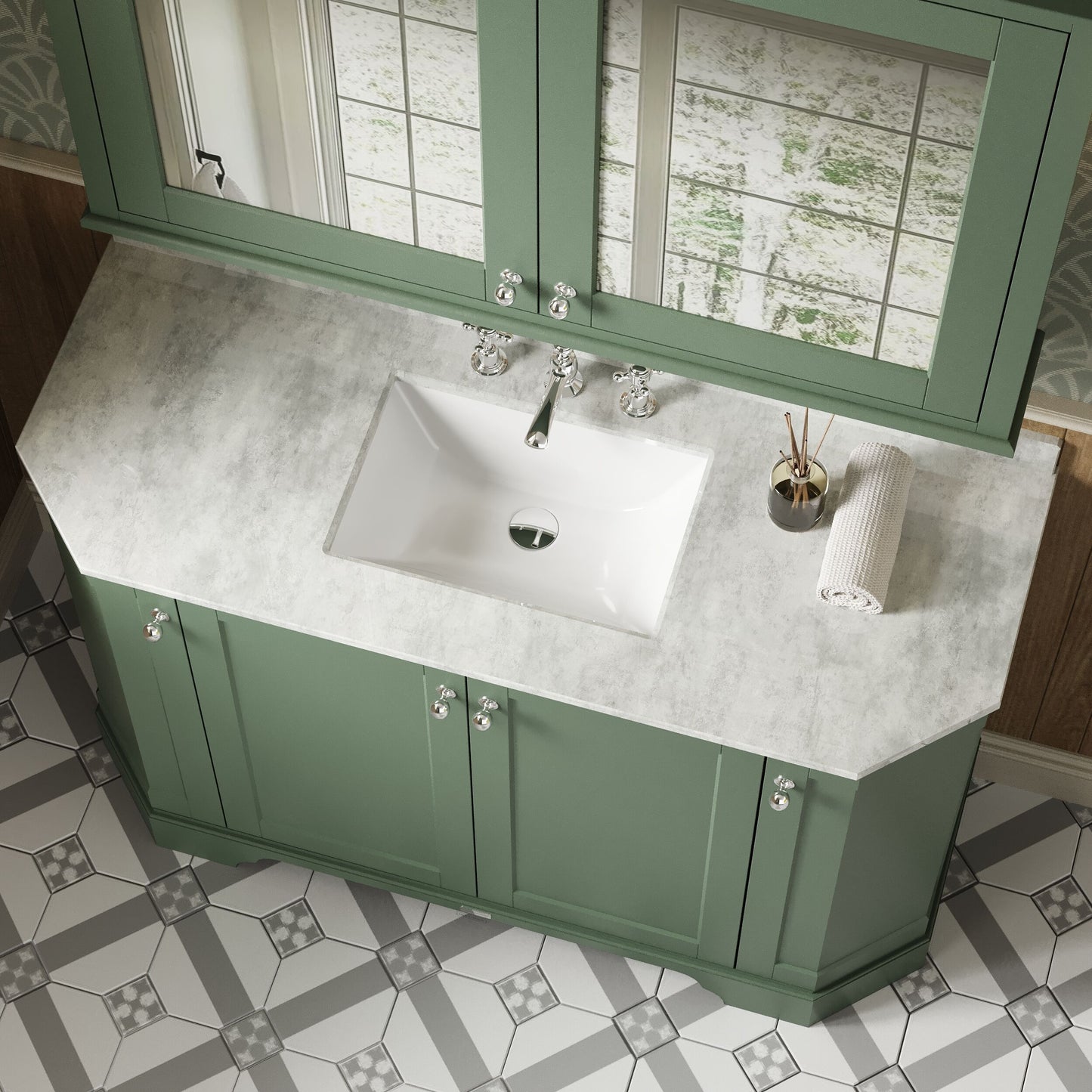 Floor Standing 4 Door Angled Vanity Unit with 3 Tap Hole White Marble Top 1200mm