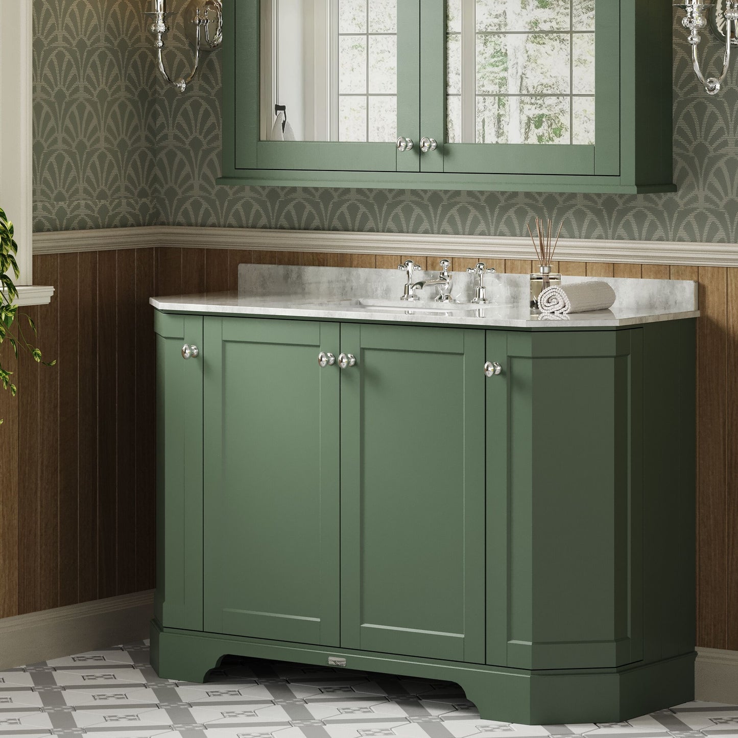 Floor Standing 4 Door Angled Vanity Unit with 3 Tap Hole White Marble Top 1200mm