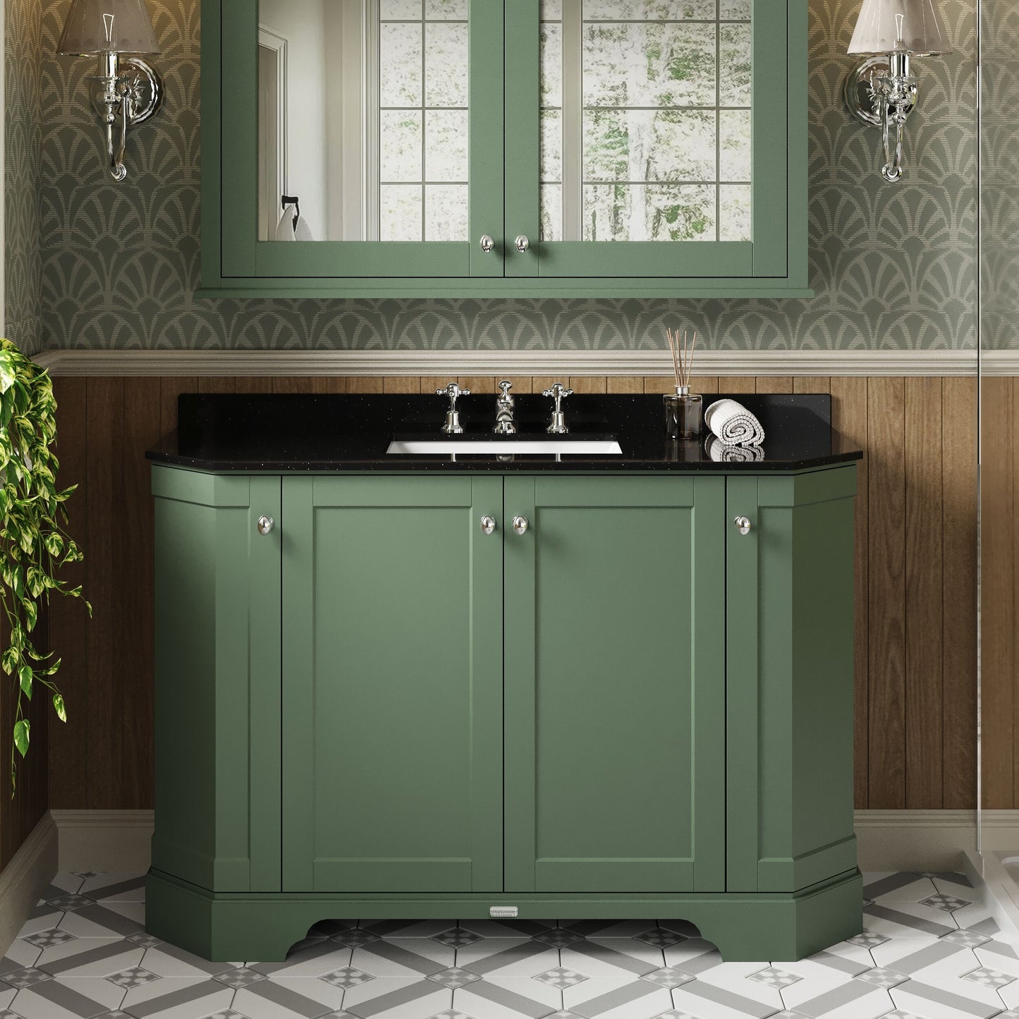 Hudson Reed Old London 1236mm Hunter Green Floor Standing 4 Door Vanity Unit with 3 Tap Hole Black Marble Top Basin
