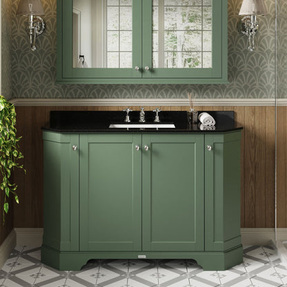 Hudson Reed Old London 1236mm Hunter Green Floor Standing 4 Door Vanity Unit with 3 Tap Hole Black Marble Top Basin