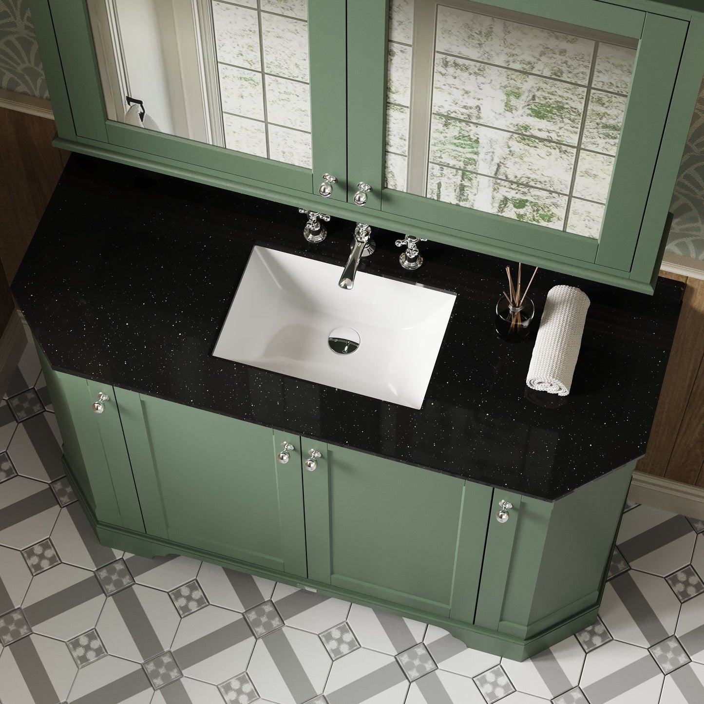 Hudson Reed Old London 1236mm Hunter Green Floor Standing 4 Door Vanity Unit with 3 Tap Hole Black Marble Top Basin