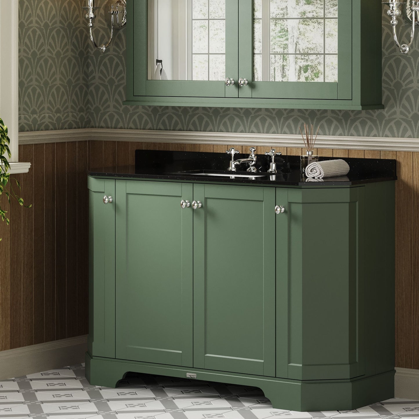 Hudson Reed Old London 1236mm Hunter Green Floor Standing 4 Door Vanity Unit with 3 Tap Hole Black Marble Top Basin