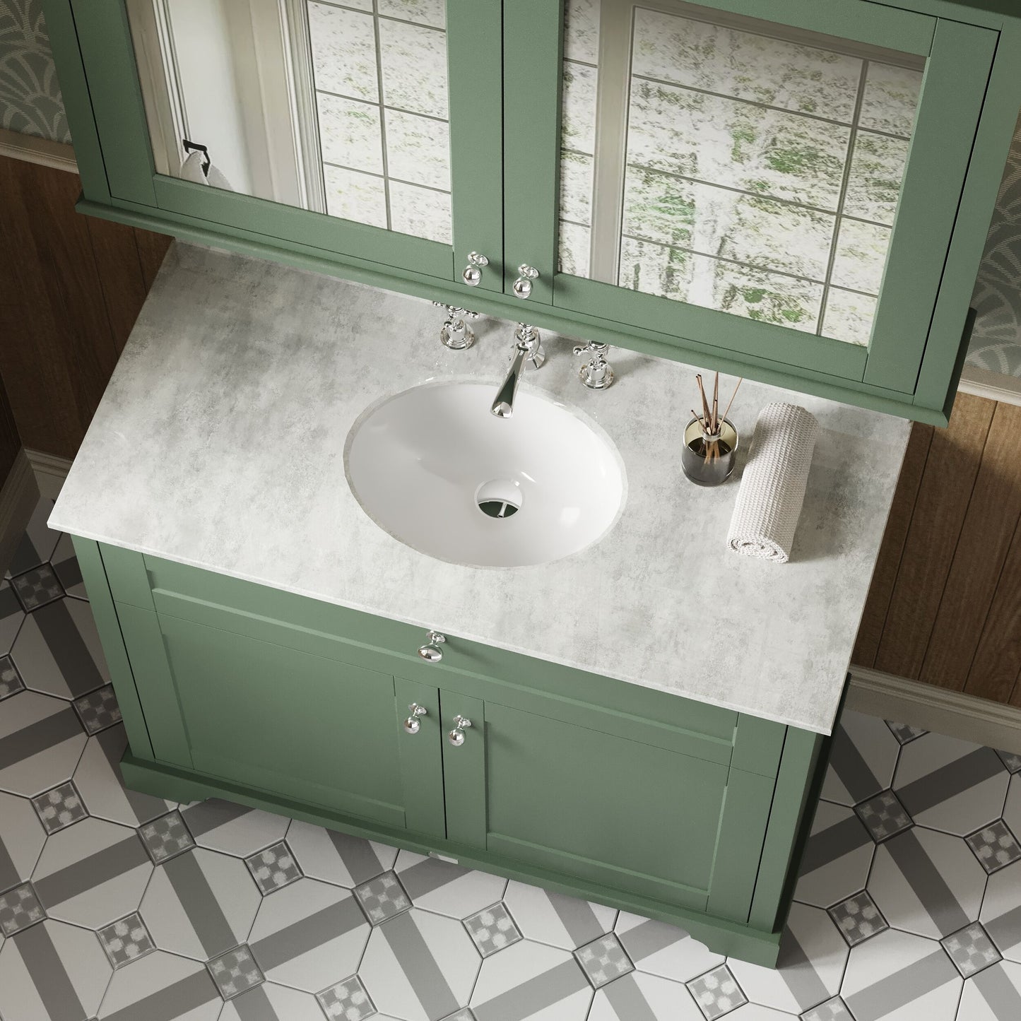 Hudson Reed Old London Hunter Green Floor Standing 2 Door Vanity Unit With 3 Tap Hole White Marble Top Basin