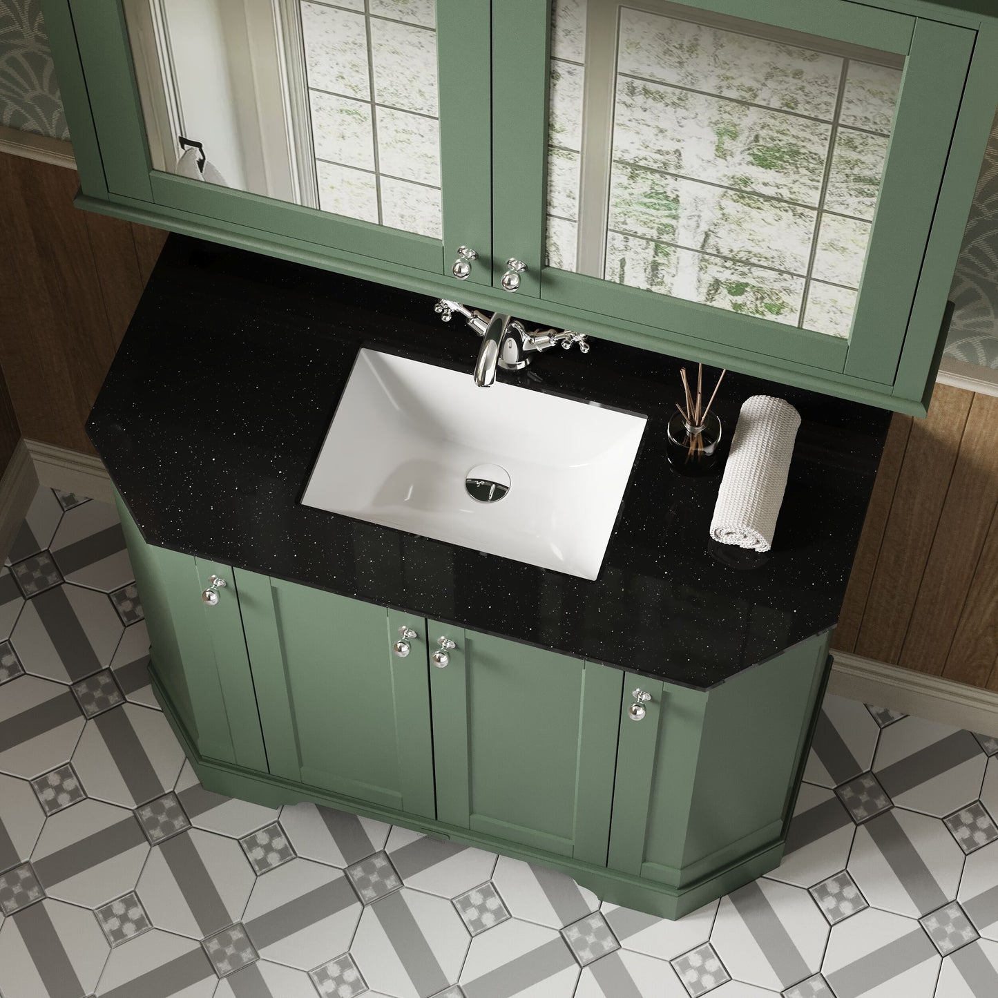 Floor Standing Angled 4 Door Vanity Unit with 1 Tap Hole Black Marble Top 1000mm