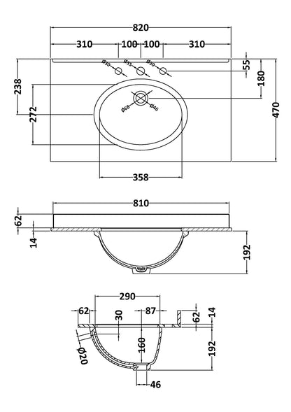 800mm Single Bowl Marble Top - 3 Tap Hole
