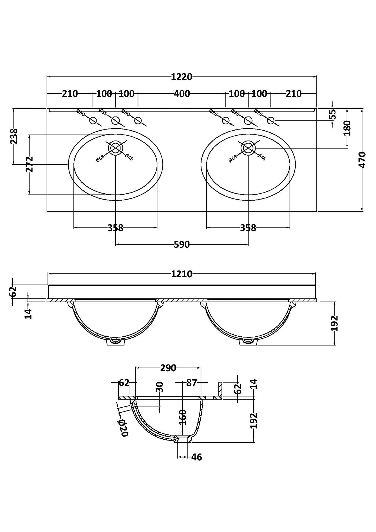 Double Bowl Marble Top 3 Tap Hole 1200mm