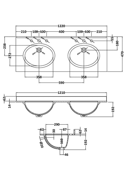 Double Bowl Marble Top 3 Tap Hole 1200mm