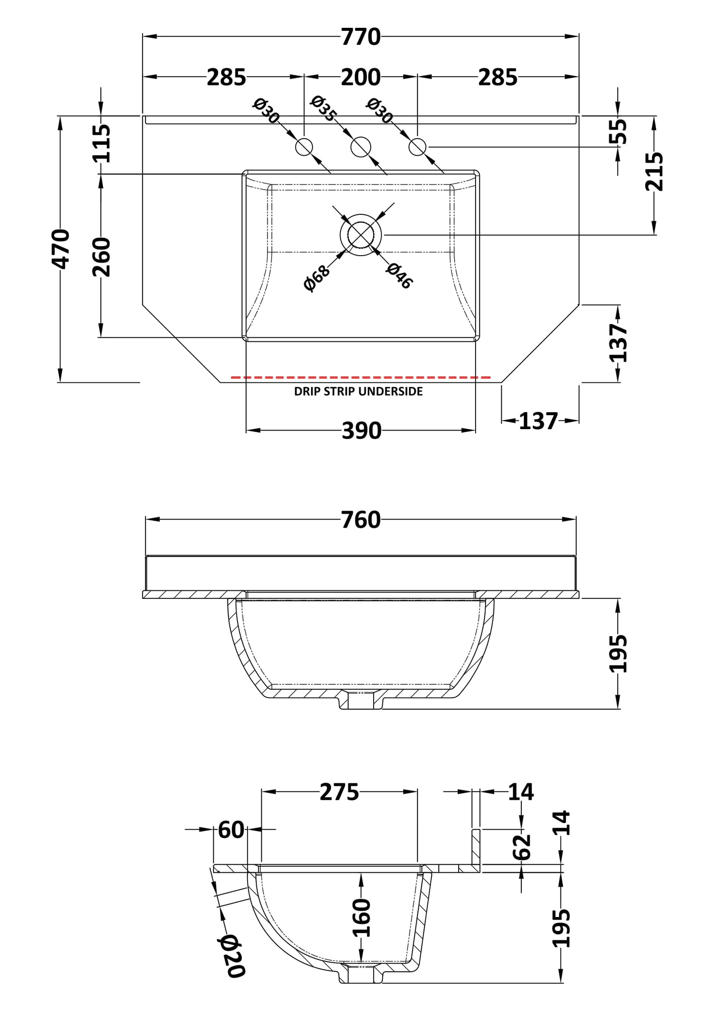 750mm Single Bowl Angled Marble Top - 3 Tap Hole
