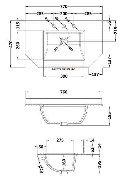 750mm Single Bowl Angled Marble Top - 3 Tap Hole