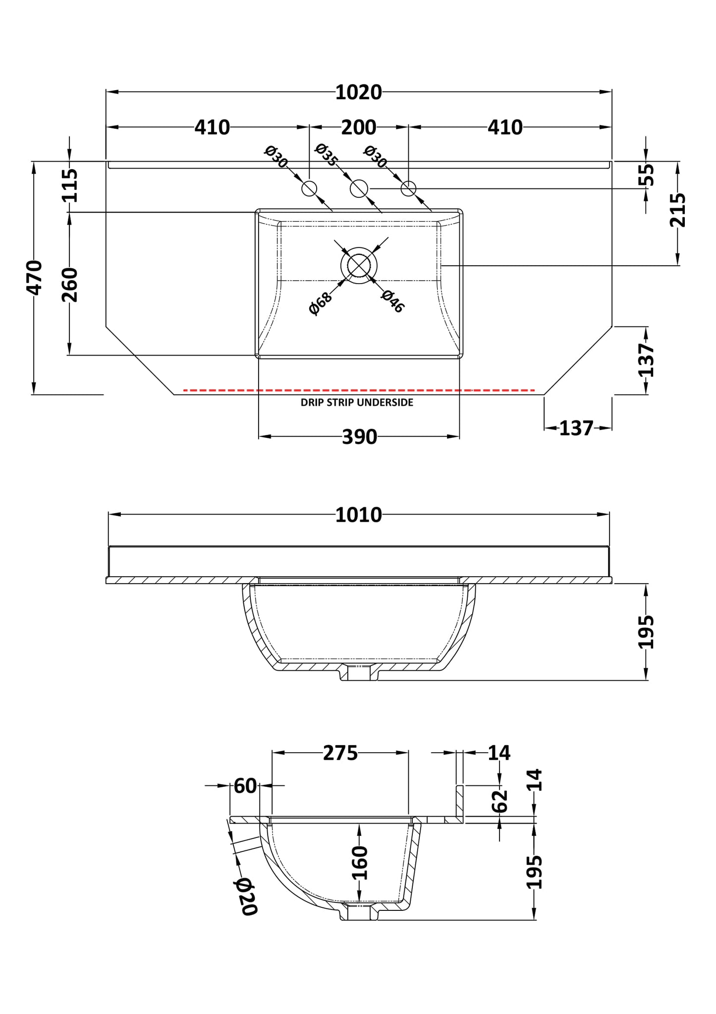 1000mm Single Bowl Angled Marble Top - 3 Tap Hole