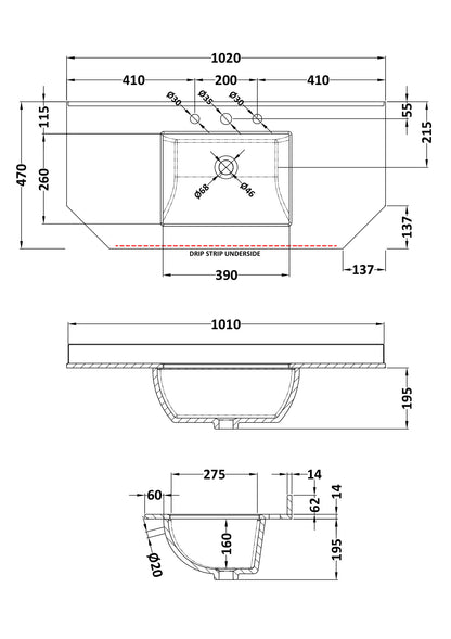 1000mm Single Bowl Angled Marble Top - 3 Tap Hole