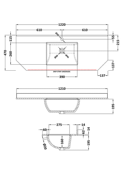 1200mm Single Bowl Angled Marble Top - 1 Tap Hole
