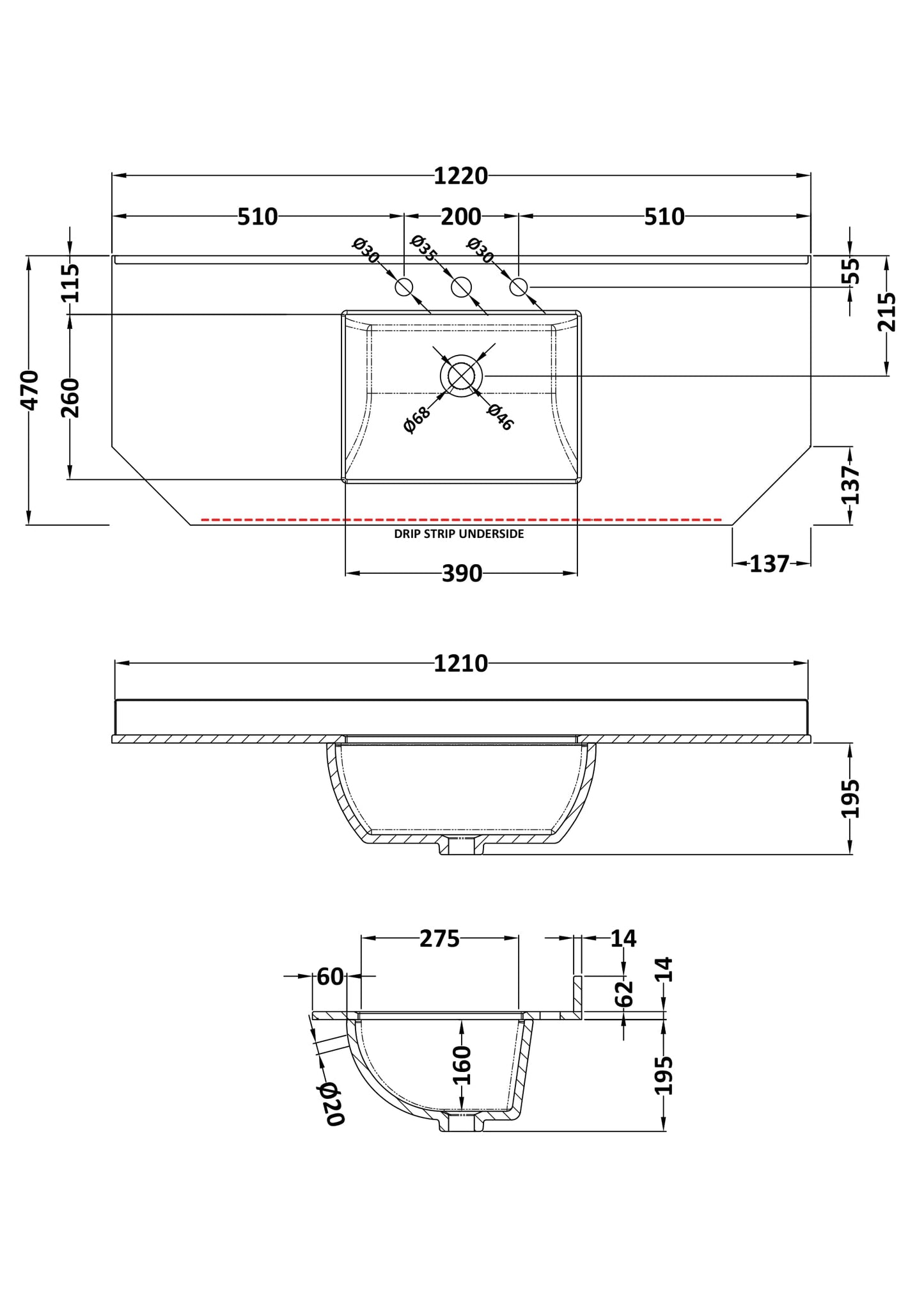 1200mm Single Bowl Angled Marble Top - 3 Tap Hole