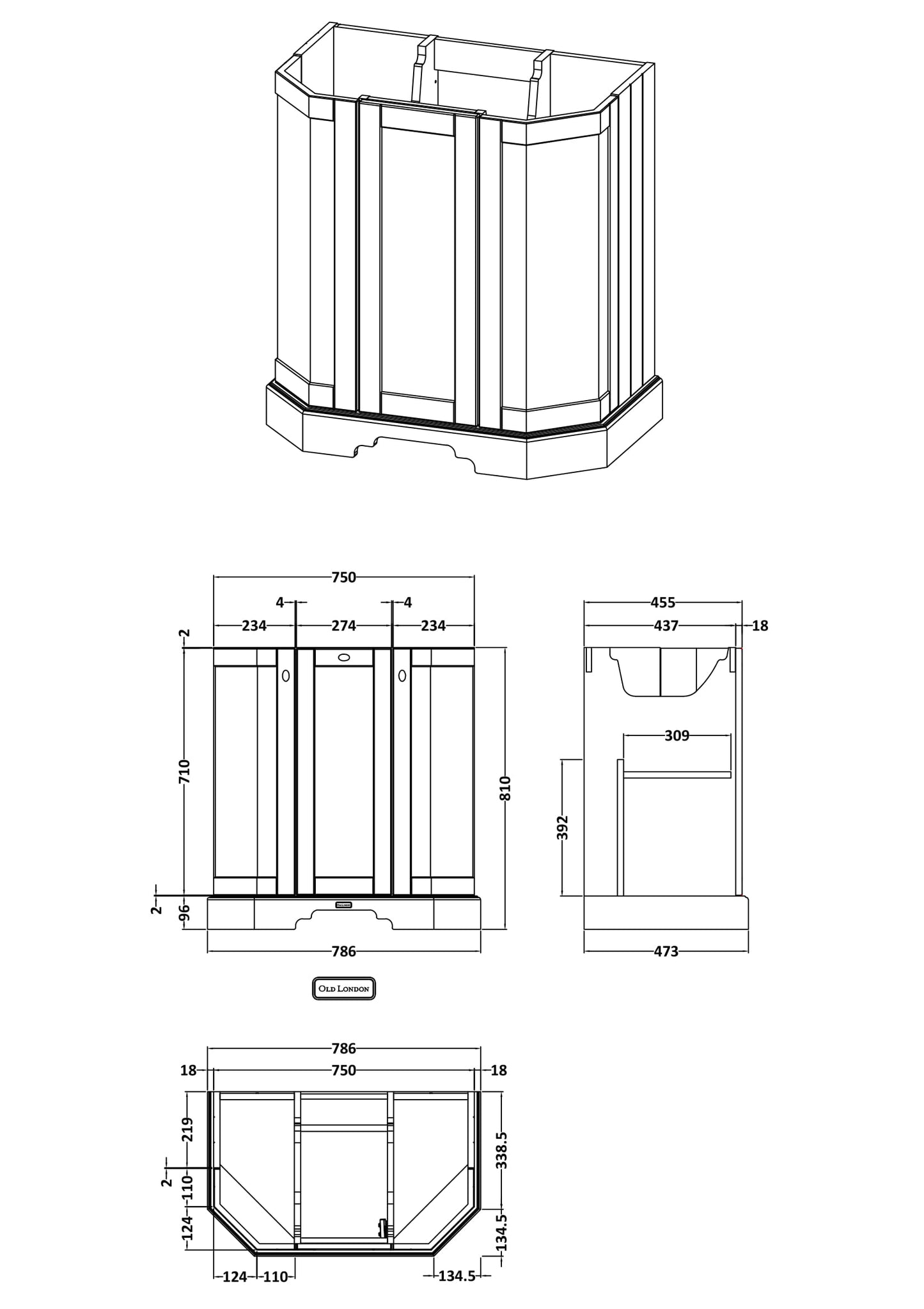 Floor Standing Angled 3 Door Basin Unit 750mm