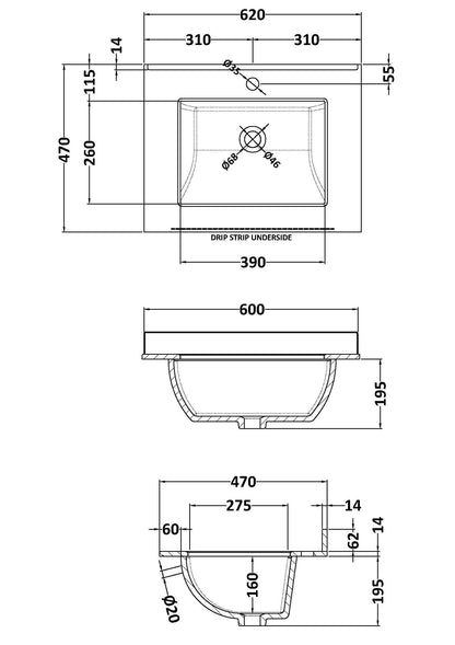 Components Single Bowl Marble Worktop Top 1 Tap Hole, 600mm