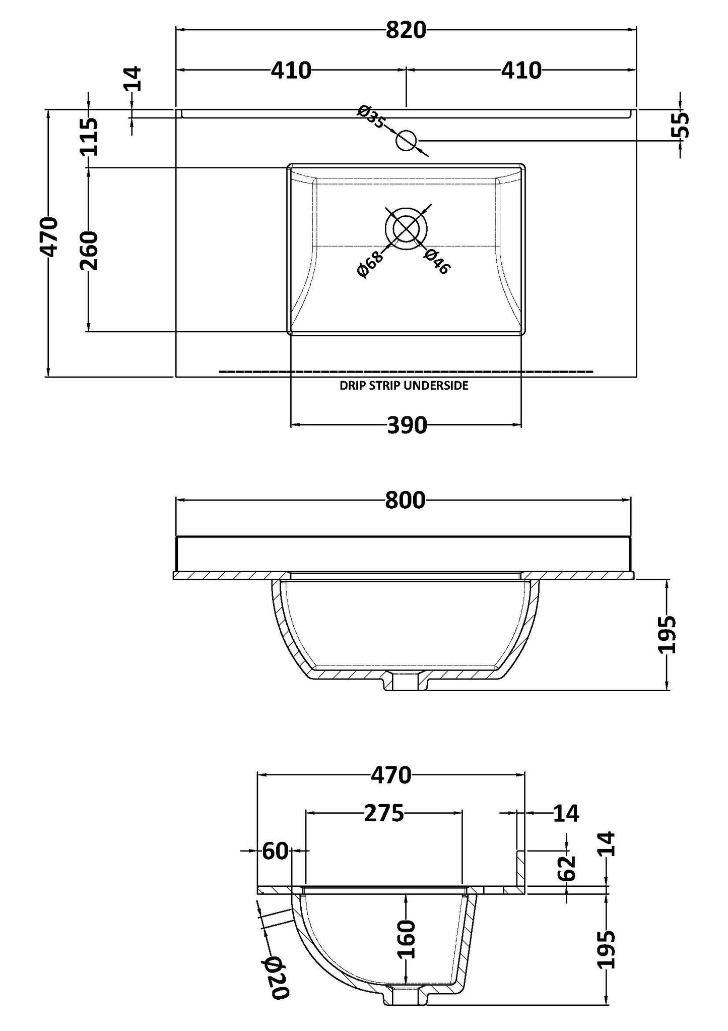 Components Single Bowl Marble Worktop Top 1 Tap Hole, 800mm