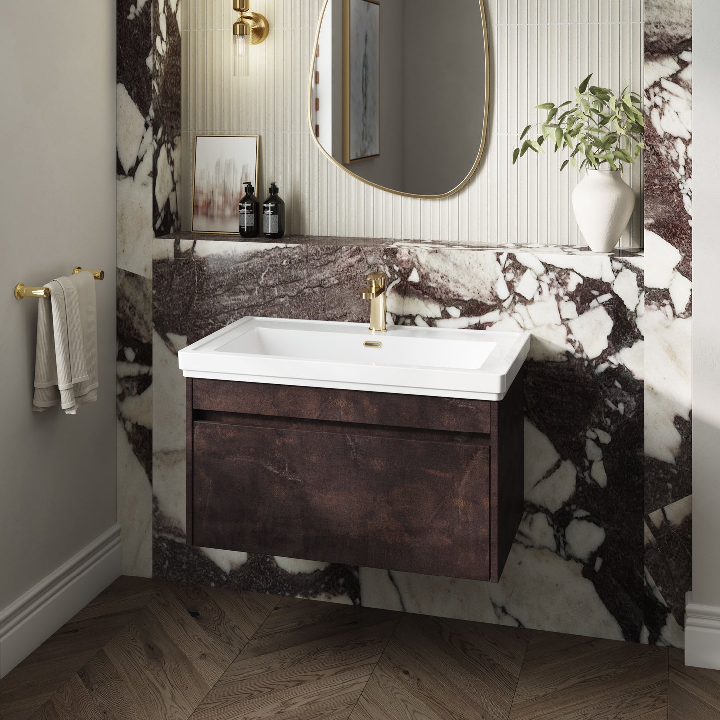 BC Designs Loftwood 600mm 1 Drawer Metallic Slate Wall Hung Vanity Unit With 1 Tap Hole Fireclay Basin