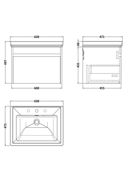 BC Designs Loftwood 600mm 1 Drawer Metallic Slate Wall Hung Vanity Unit With 3 Tap Holes Fireclay Basin