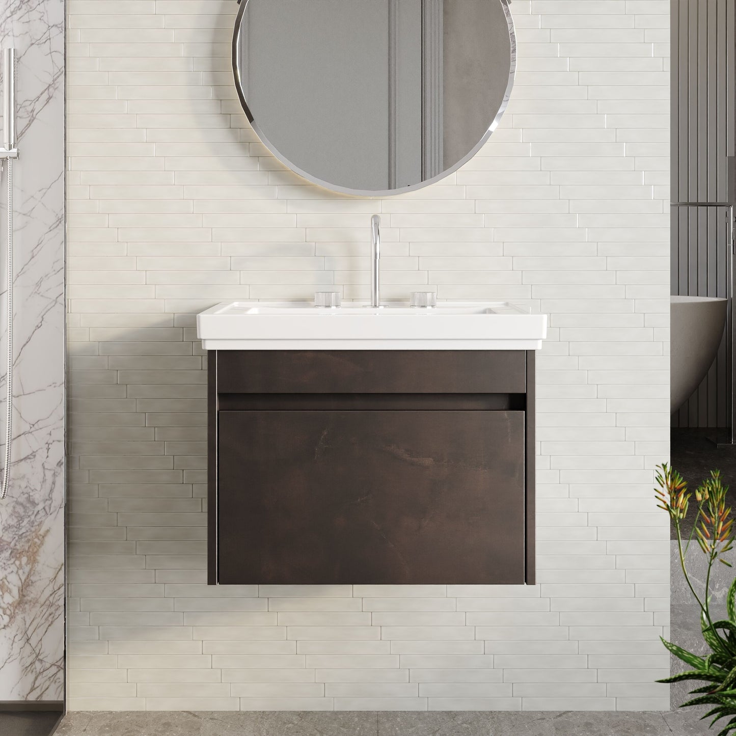 BC Designs Loftwood 600mm 1 Drawer Metallic Slate Wall Hung Vanity Unit With 3 Tap Holes Fireclay Basin