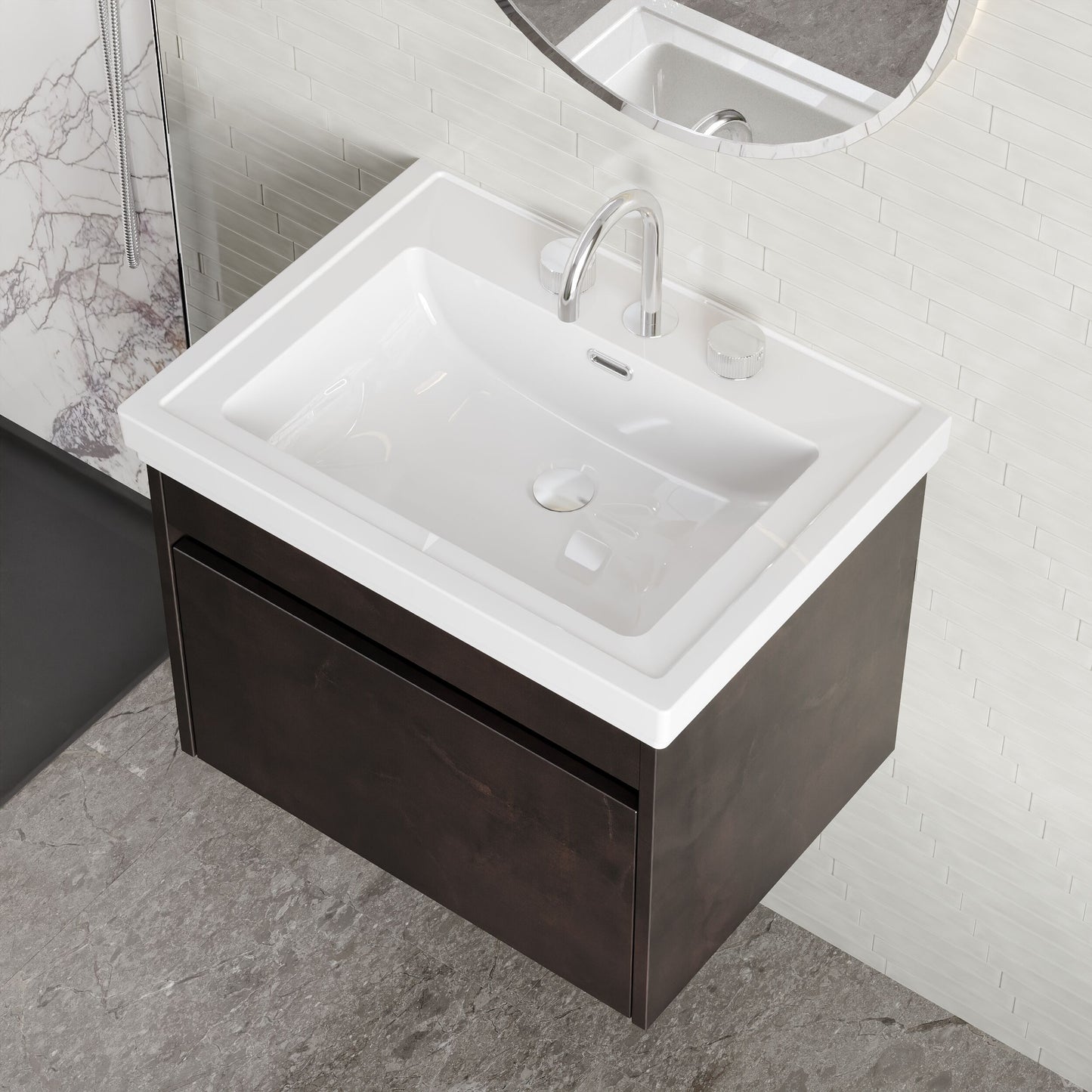 BC Designs Loftwood 600mm 1 Drawer Metallic Slate Wall Hung Vanity Unit With 3 Tap Holes Fireclay Basin