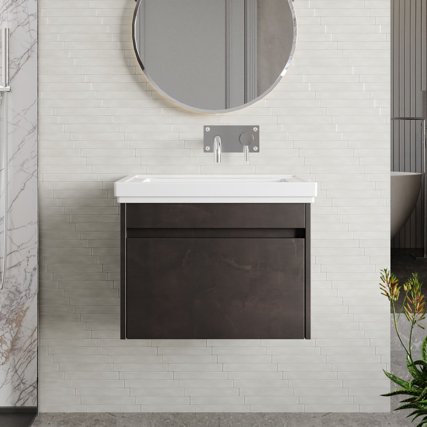 BC Designs Loftwood 600mm 1 Drawer Metallic Slate Wall Hung Vanity Unit With Fireclay Basin