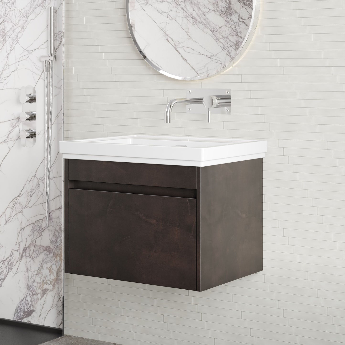 BC Designs Loftwood 600mm 1 Drawer Metallic Slate Wall Hung Vanity Unit With Fireclay Basin