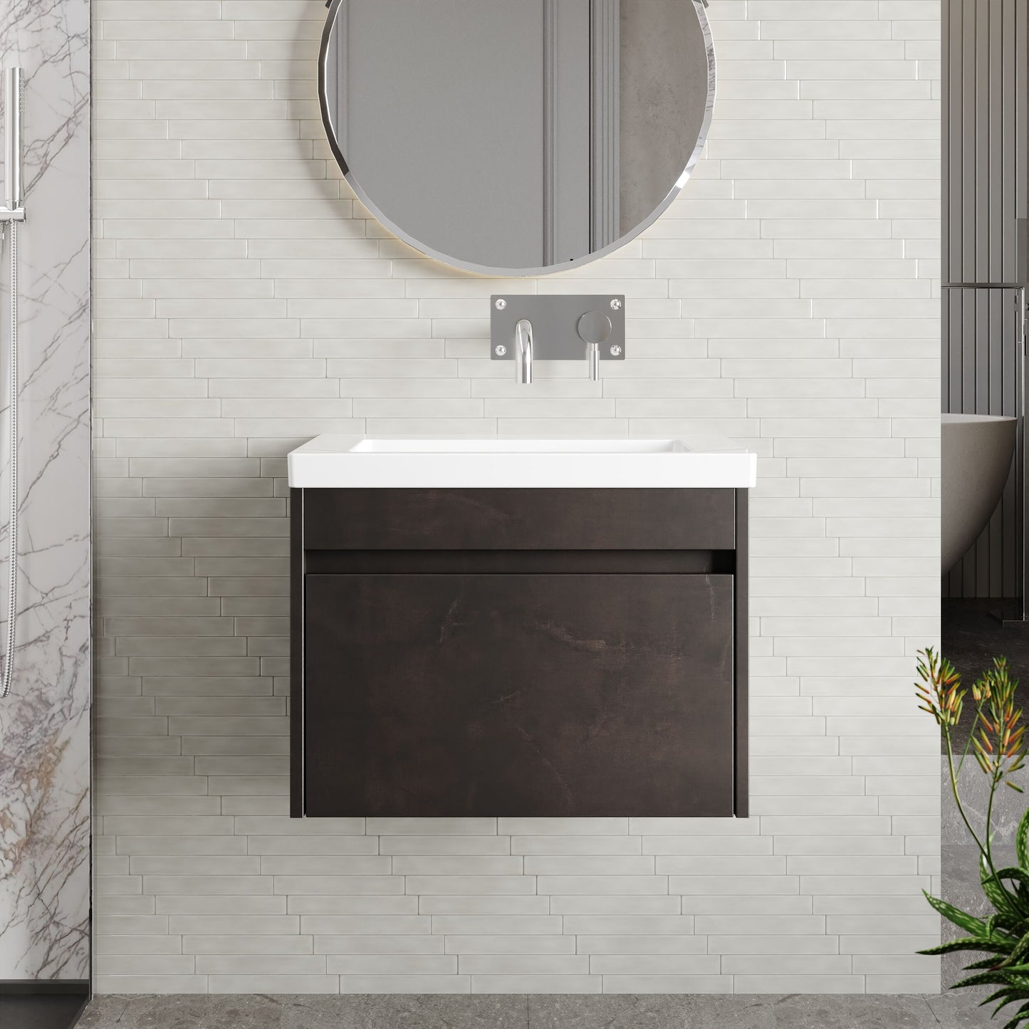BC Designs Loftwood 600mm 1 Drawer Metallic Slate Wall Hung Vanity Unit With Fireclay Basin