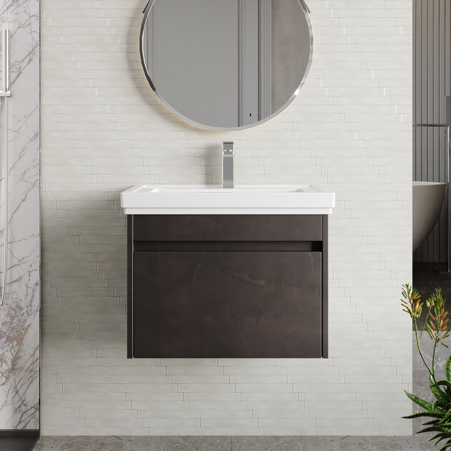 BC Designs Loftwood 600mm 1 Drawer Metallic Slate Wall Hung Vanity Unit With 1 Tap Hole Fireclay Basin