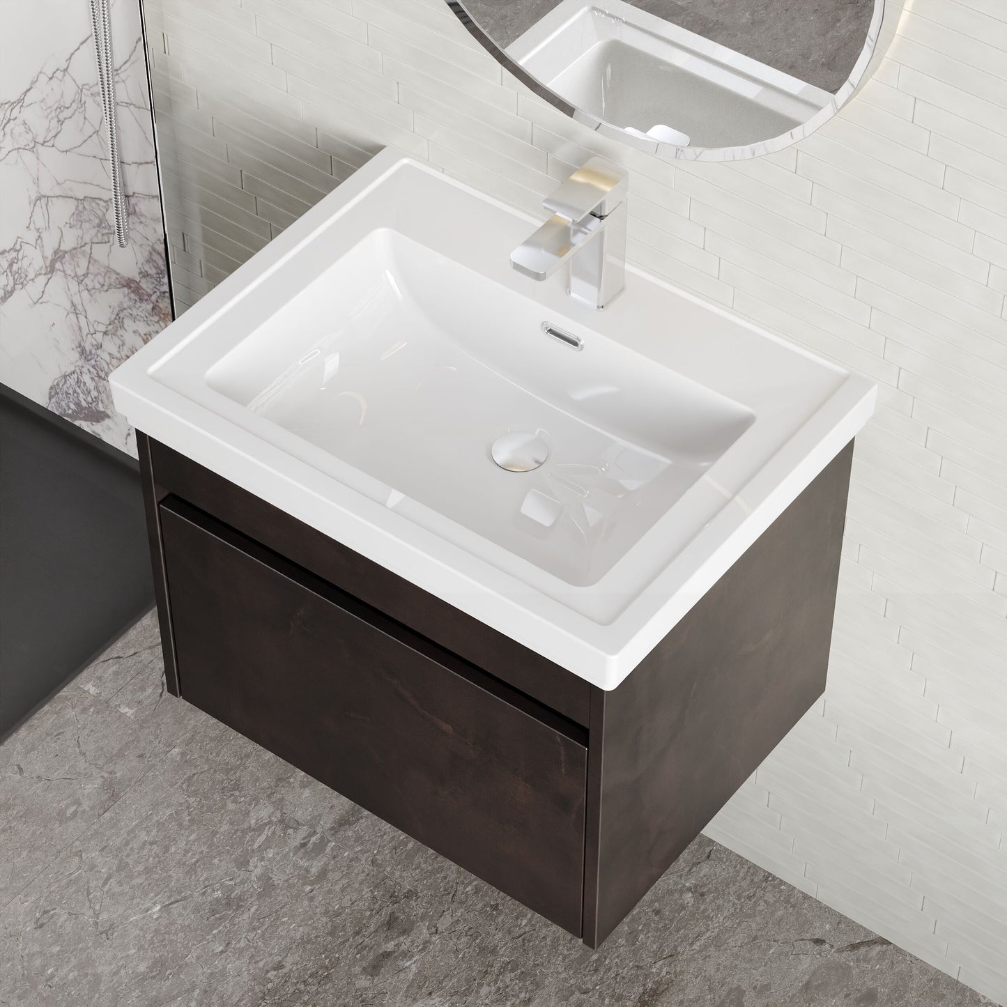 BC Designs Loftwood 600mm 1 Drawer Metallic Slate Wall Hung Vanity Unit With 1 Tap Hole Fireclay Basin
