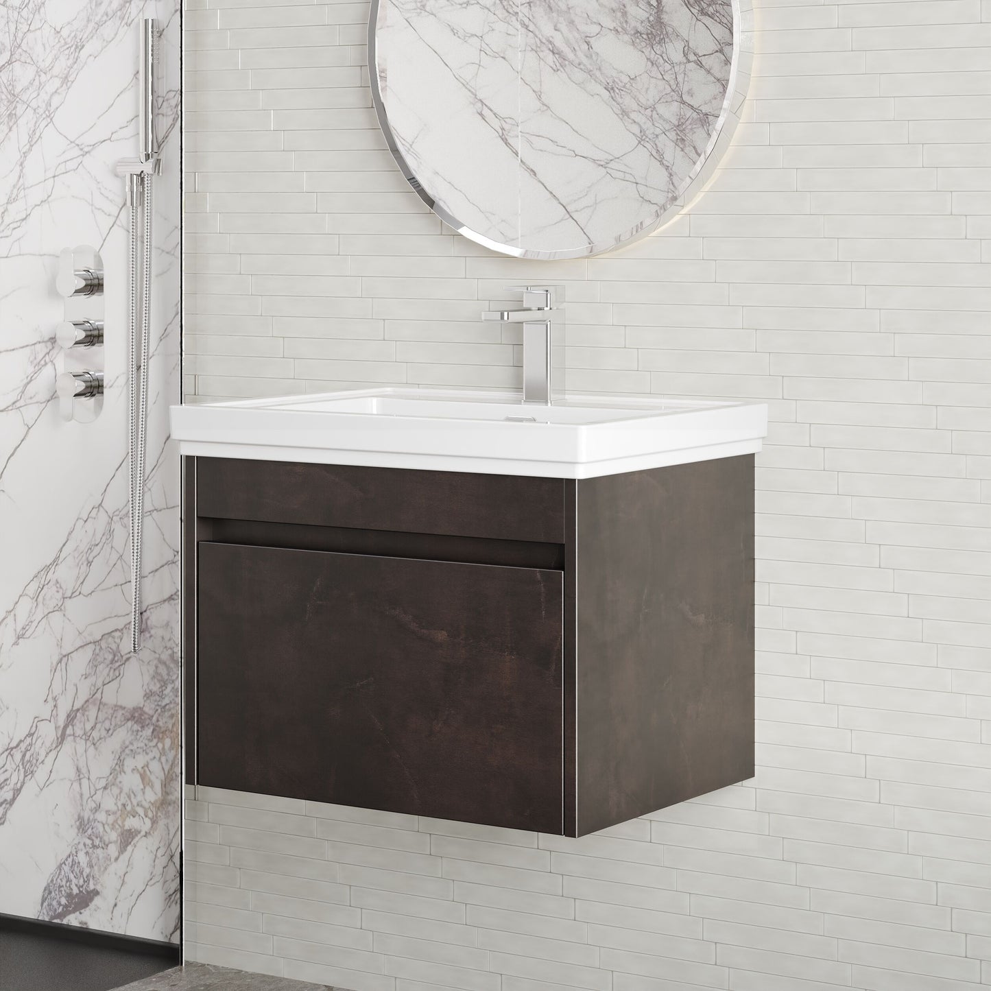 BC Designs Loftwood 600mm 1 Drawer Metallic Slate Wall Hung Vanity Unit With 1 Tap Hole Fireclay Basin