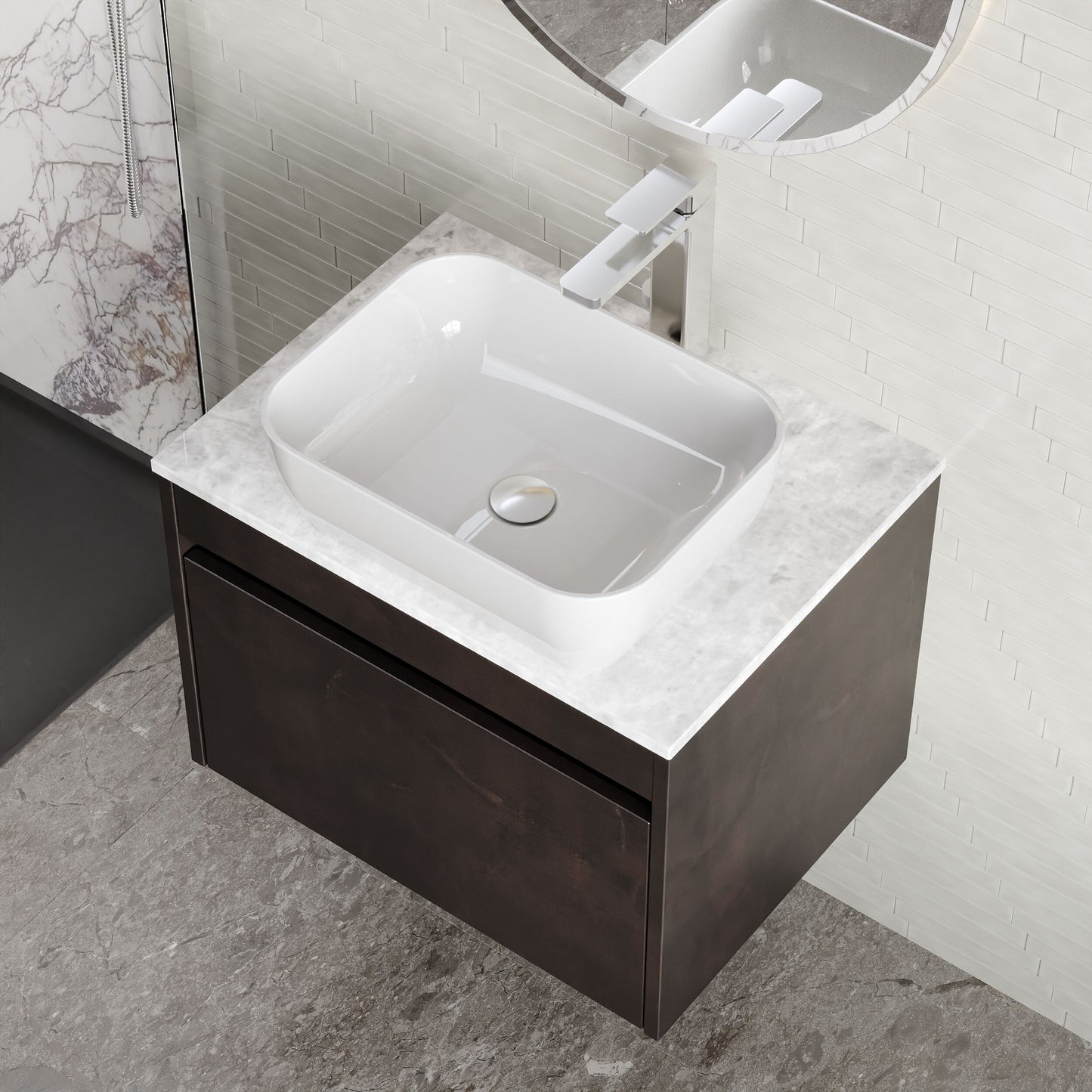 BC Designs Loftwood 600mm Wall Hung 1 Drawer Unit with Marble Worktop