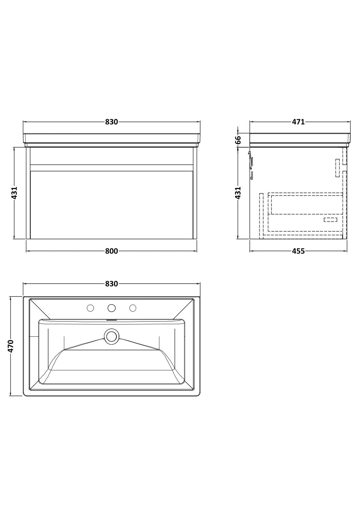 BC Designs Loftwood 800mm 1 Drawer Metallic Slate Wall Hung Vanity Unit With 3 Tap Holes Fireclay Basin