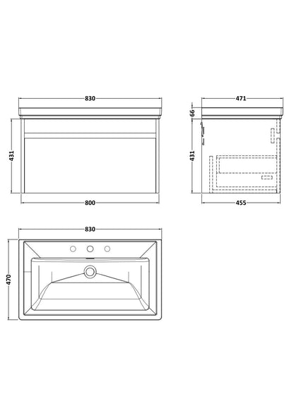 BC Designs Loftwood 800mm 1 Drawer Metallic Slate Wall Hung Vanity Unit With 3 Tap Holes Fireclay Basin
