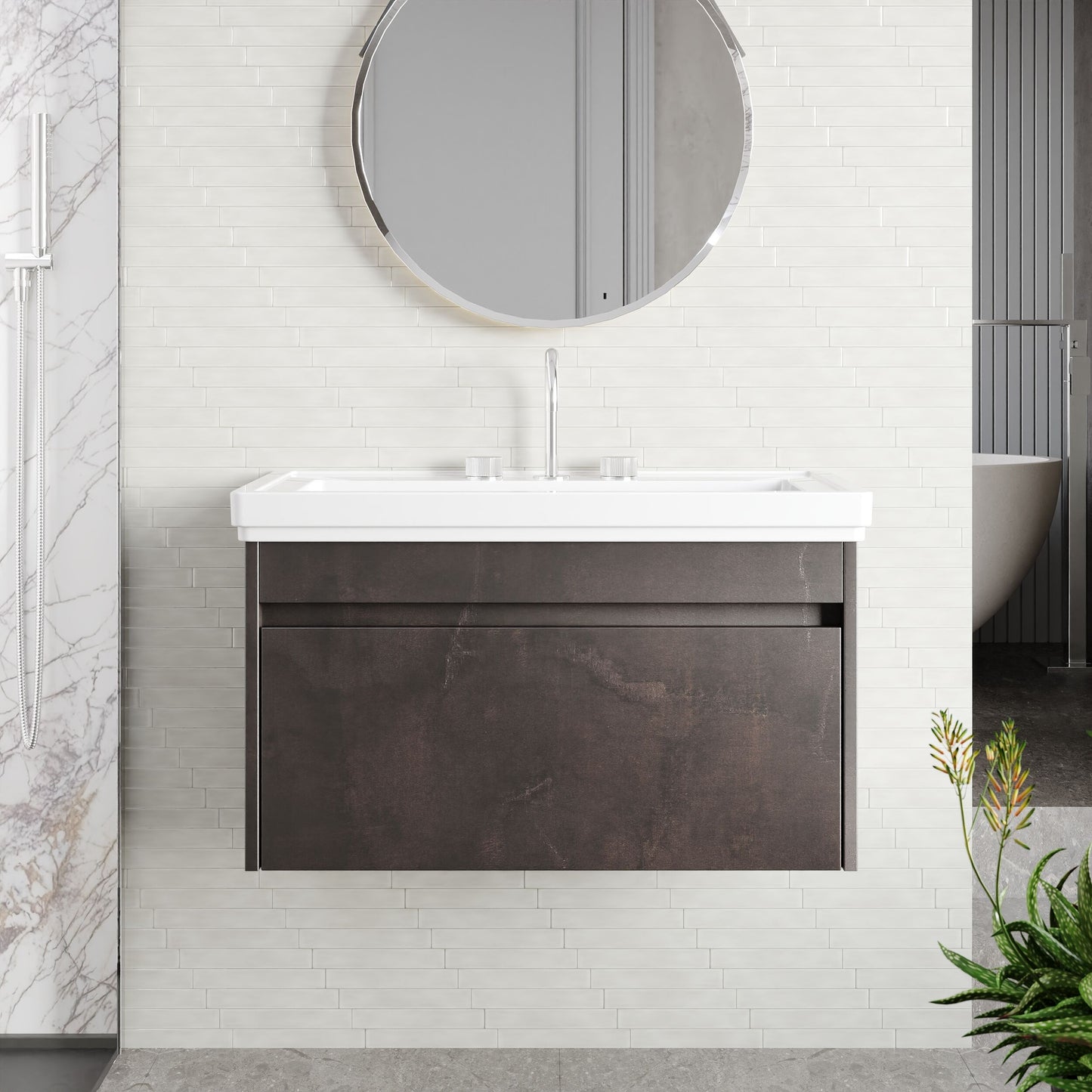 BC Designs Loftwood 800mm 1 Drawer Metallic Slate Wall Hung Vanity Unit With 3 Tap Holes Fireclay Basin