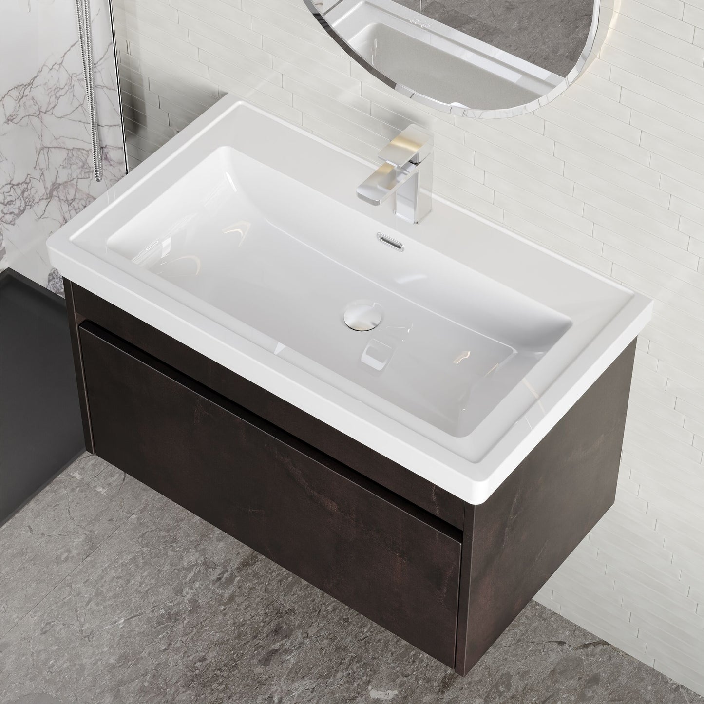 BC Designs Loftwood 800mm 1 Drawer Metallic Slate Wall Hung Vanity Unit With 1 Tap Hole Fireclay Basin