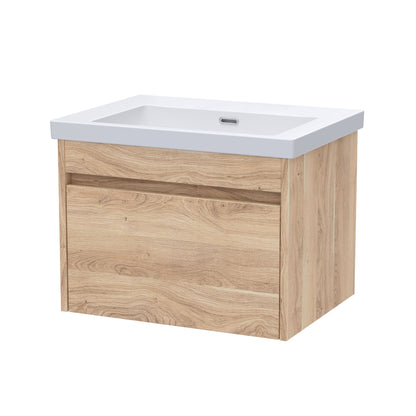 Nuie Lux Loftwood 600mm 1 Drawer Bleached Oak Wall Hung Vanity Unit With Fireclay Basin