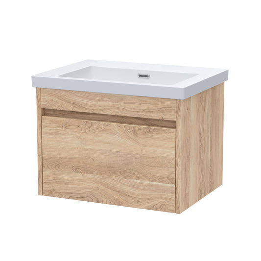 Nuie Lux Loftwood 600mm 1 Drawer Bleached Oak Wall Hung Vanity Unit With Fireclay Basin