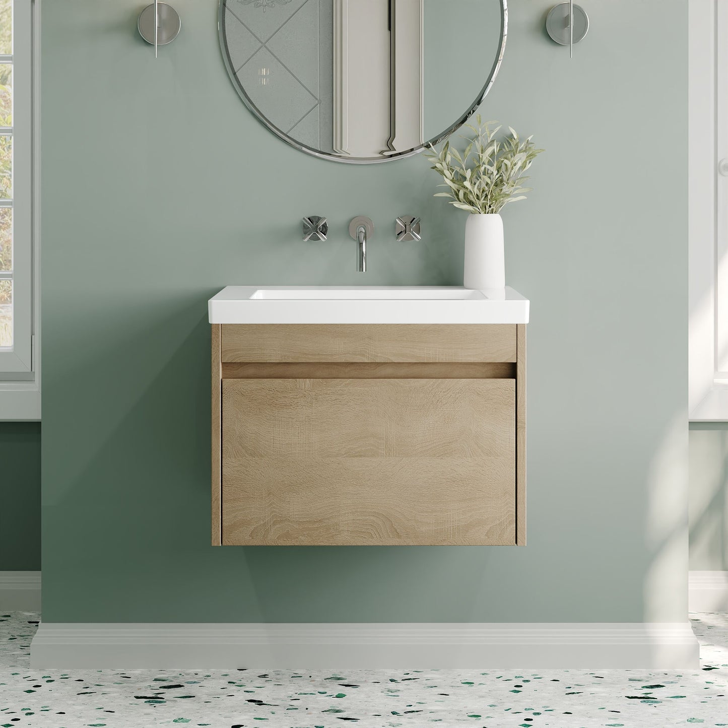 Nuie Lux Loftwood 600mm 1 Drawer Bleached Oak Wall Hung Vanity Unit With Fireclay Basin