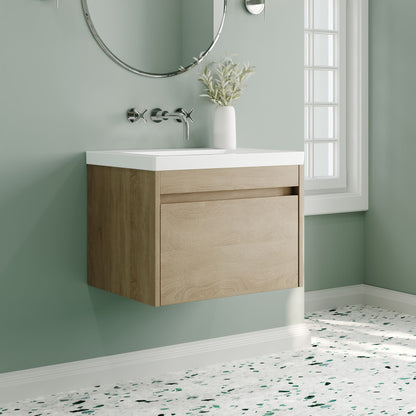 Nuie Lux Loftwood 600mm 1 Drawer Bleached Oak Wall Hung Vanity Unit With Fireclay Basin