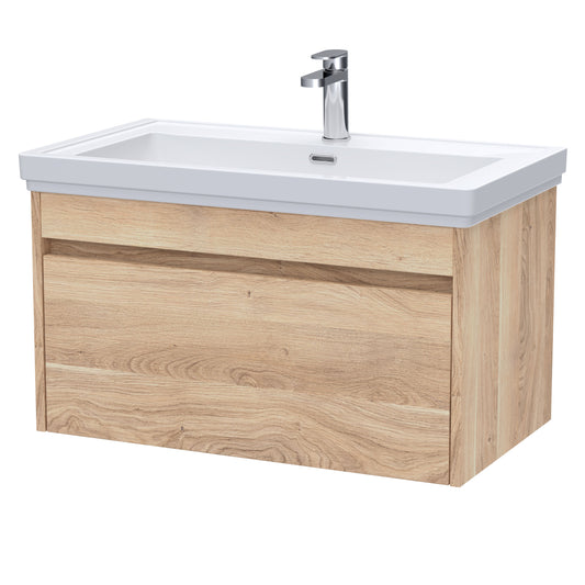 Nuie Lux Loftwood 800mm 1 Drawer Bleached Oak Wall Hung Vanity Unit With 1 Tap Hole Fireclay Basin