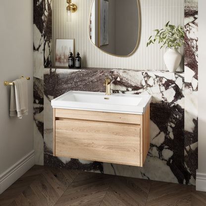 Nuie Lux Loftwood 800mm 1 Drawer Bleached Oak Wall Hung Vanity Unit With 1 Tap Hole Fireclay Basin