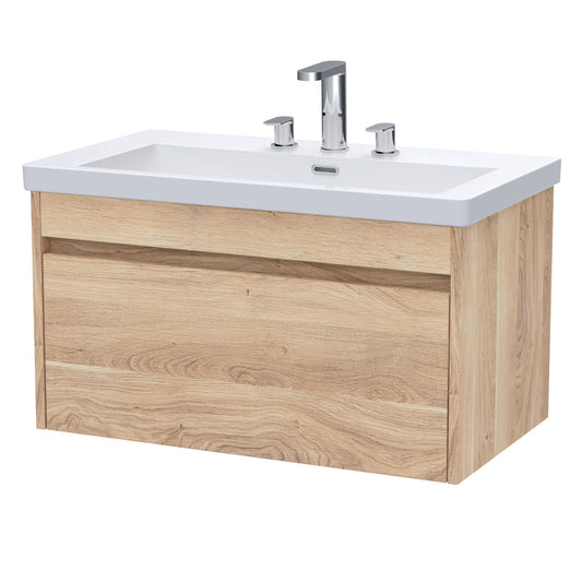 Nuie Lux Loftwood 800mm 1 Drawer Bleached Oak Wall Hung Vanity Unit With 3 Tap Holes Fireclay Basin