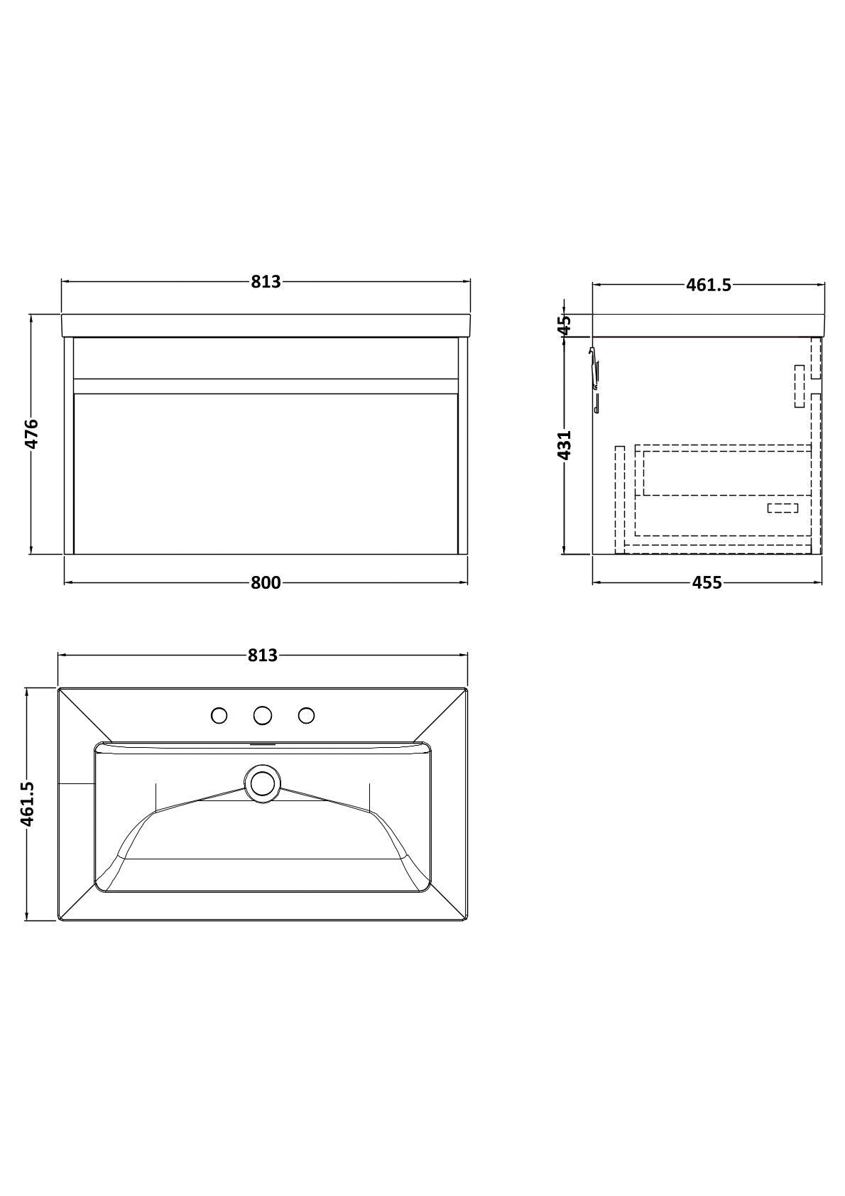 Nuie Lux Loftwood 800mm 1 Drawer Bleached Oak Wall Hung Vanity Unit With 3 Tap Holes Fireclay Basin