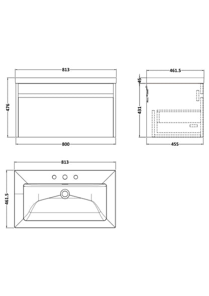 Nuie Lux Loftwood 800mm 1 Drawer Bleached Oak Wall Hung Vanity Unit With 3 Tap Holes Fireclay Basin