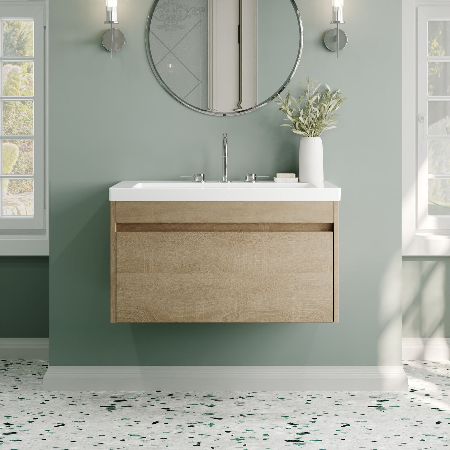 Nuie Lux Loftwood 800mm 1 Drawer Bleached Oak Wall Hung Vanity Unit With 3 Tap Holes Fireclay Basin