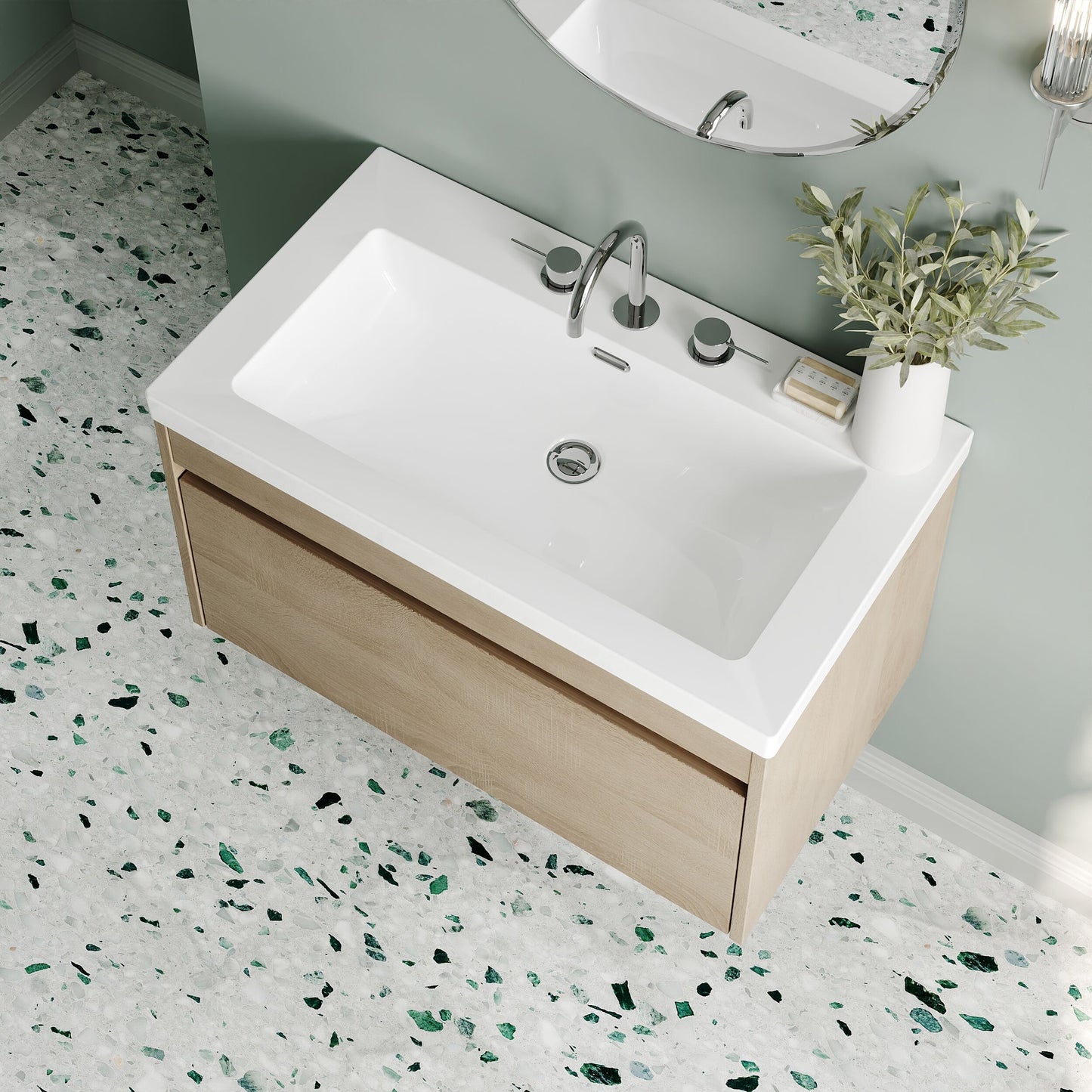 Nuie Lux Loftwood 800mm 1 Drawer Bleached Oak Wall Hung Vanity Unit With 3 Tap Holes Fireclay Basin