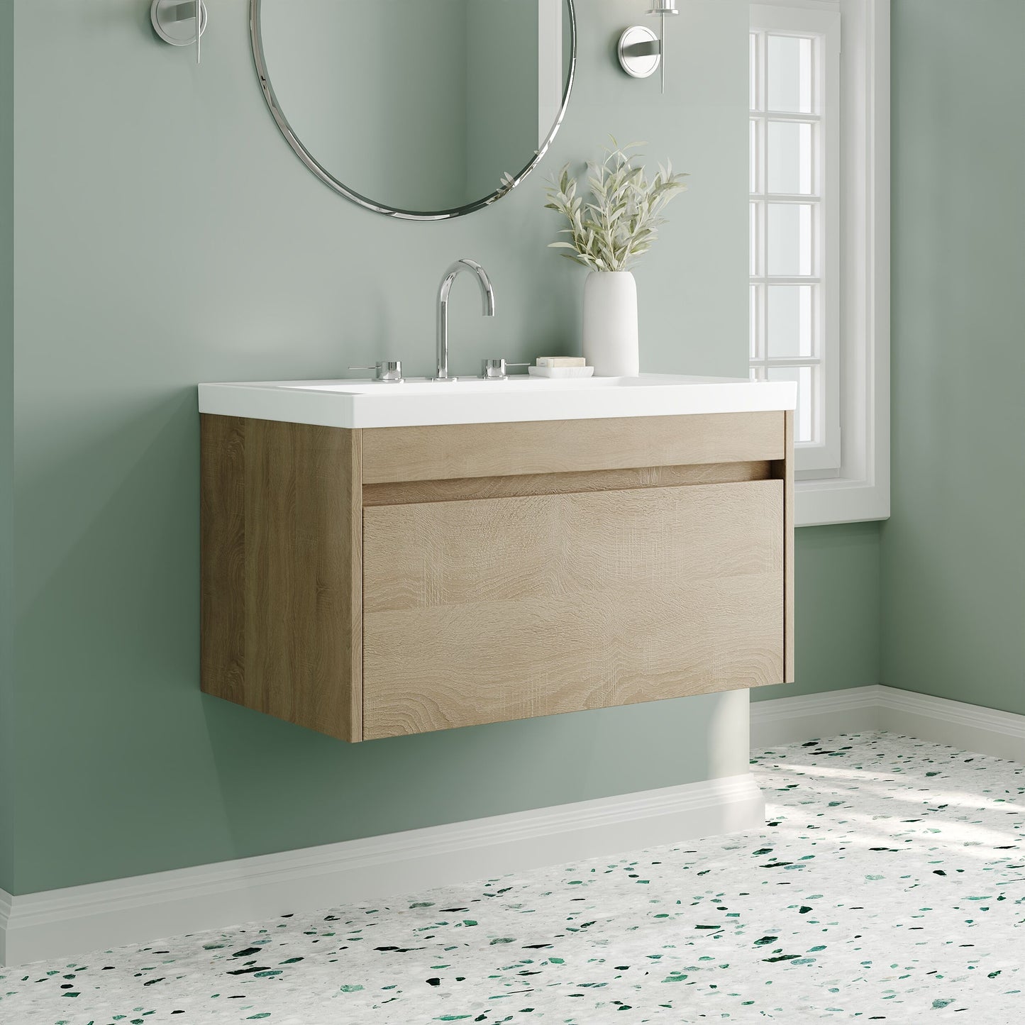 Nuie Lux Loftwood 800mm 1 Drawer Bleached Oak Wall Hung Vanity Unit With 3 Tap Holes Fireclay Basin